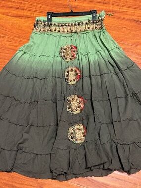 Boho Ombre Green Tiered Maxi Skirt with Embellished Front